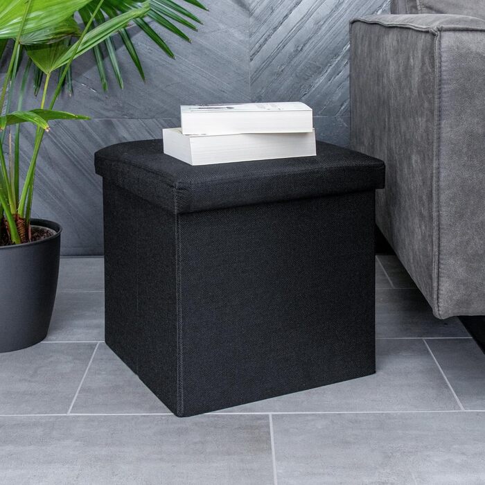 Складаний пуф INTIRILIFE 38x38x38 см, чорний, з кришкою та відсіком для зберігання, тканинний куб для сидіння та підставка для ніг