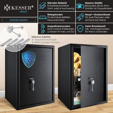 Сейф KESSER для меблів з двобортовим замком, чорний XL, 50x35x31 см, сейф для грошей, настінний/підлоговий, 2 ключі та кріплення