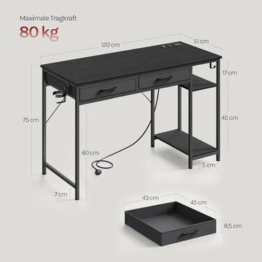 Комп'ютерний стіл WOLTU з 2 шухлядами, вбудованими розетками (USB, Type-C), підставкою для навушників та полицями, 120 x 51 x 75 см, чорний