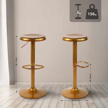Барний стілець Williston (2 шт) - регульована висота, підставка для ніг, обертається, захист для підлоги, золотий колір