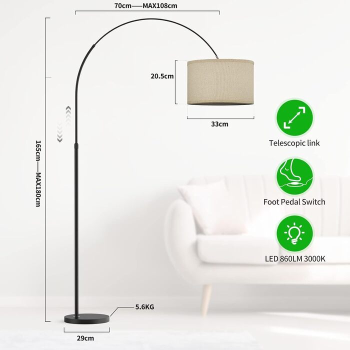 Декоративна торшер-аркова лампа Modlicht JASMIN, LED E27 9W, 3000K, тканинний абажур Ø33 см, лляний бежевий, 165-180 см, для вітальні, спальні, офісу, готелю