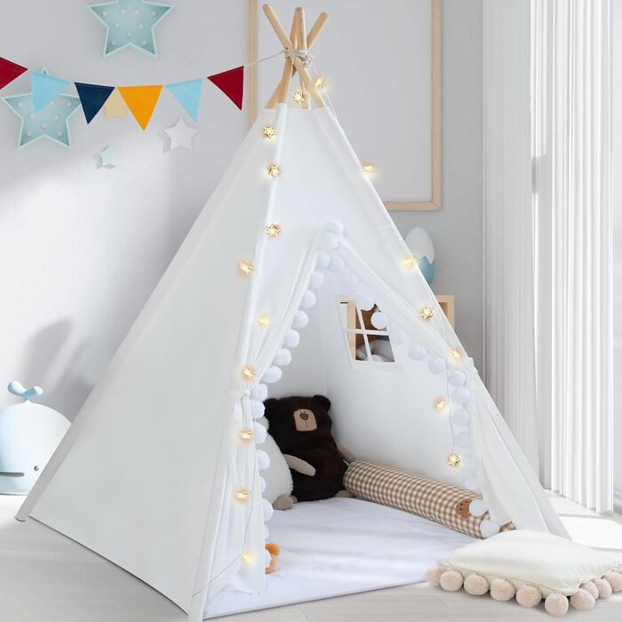 Дитяче намет Tipi з м'якою матрацом, бавовна, канвас. Намет Tipi для дітей з гірляндою зірочок, сумкою, прапорцем (білий)