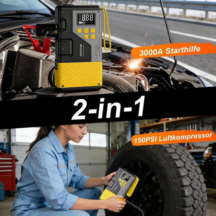 Пусковий пристрій Powerbank Jump Starter з компресором для шин 3000A, 150 PSI, LCD-дисплеєм та LED-ліхтарем (Жовтий)
