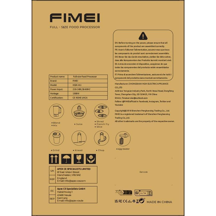 Кухонний комбайн FIMEI 1300Вт, 3 швидкості, 3,5 л, міксер 1,5 л, млин, цитрус-прес, тістоміс, вінчик, терка, універсальний подрібнювач