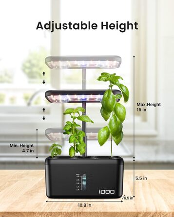 iDOO Система гідропоніки Smart Garden 8 Pods: Розумний сад для вирощування трав та овочів вдома, LED лампа, автоматичний таймер, регульована висота, чорний