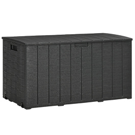 Ящик для подушок Gartenbox об'ємом 366 літрів з міцного двостінного пластику. Водостійкий, з колесами та зручними ручками для переміщення. Має реалістичне імітування текстури дерева.