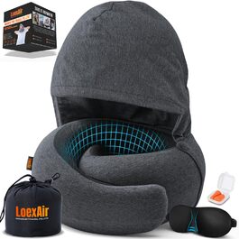 Подорожня подушка з капюшоном Hooded Pro з ефектом пам'яті для літака, авто та поїздок, бавовняна начіпка для сну, захист від світла, темно-сіра