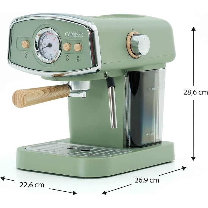 Напівавтоматична кавомашина Kai Espresso 1050 Вт, 15 Бар, на 5 чашок, з капучинатором та підігрівом чашок, матово-зелена
