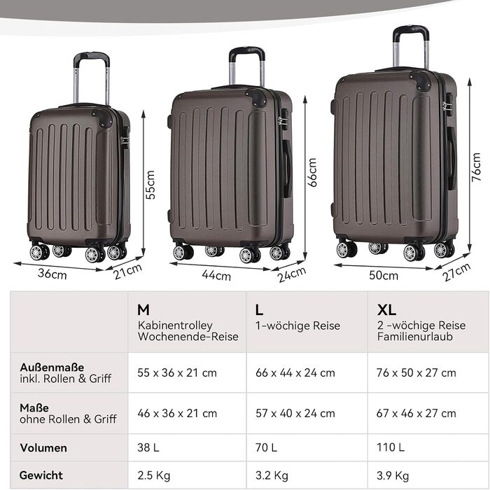 Валіза BEIBYE XL 76 см, жорсткий дорожній кофер з ABS-пластику, велика валіза для сімейних подорожей, коліщатка 360°, кодовий замок, колір Coffee