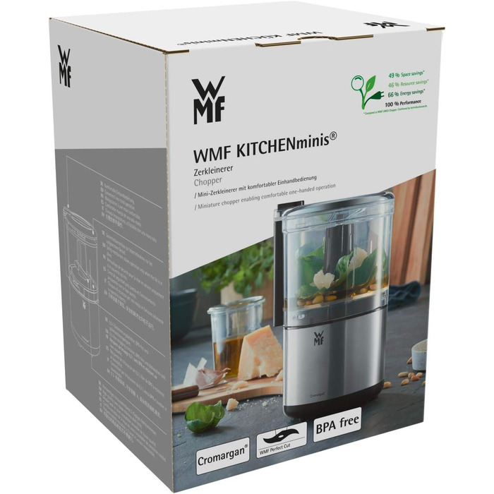 Подрібнювач WMF Küchenminis Cromargan матовий, компактний електричний подрібнювач з однією кнопкою, контейнер 0.3л, 65 Вт, пластик