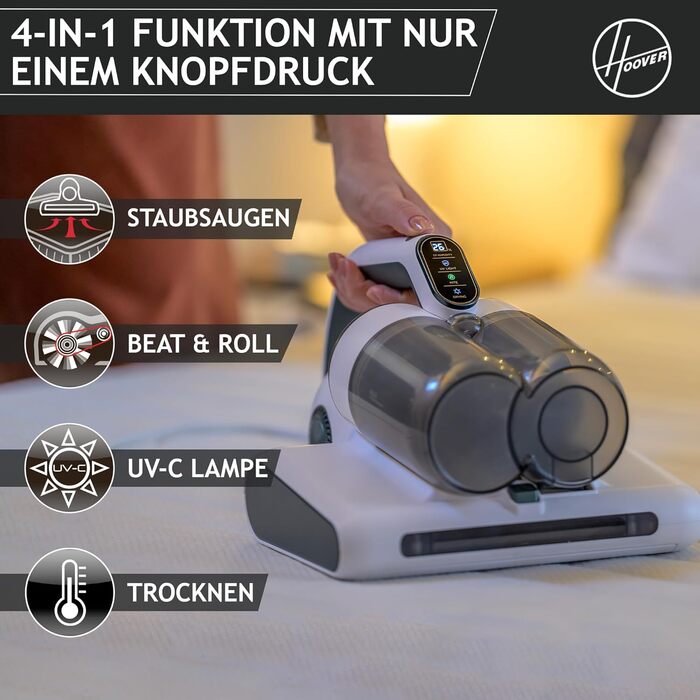 Пилосос для матраців і оббивки Hoover HMC510UV 4-в-1 з УФ-ліхтарем, сенсором пилу та функцією сушки — проти пилових кліщів, бактерій, алергенів і цвілі