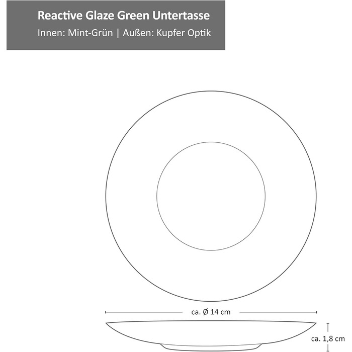 MamboCat Кавовий сервіс 18 предметів Green Reactive Glaze для 6 осіб. Керамічний набір ручної роботи з ефектом м'ятиного кольору та мідною окантовкою (6 чашок, 6 тарілок, 6 десертних тарілок).