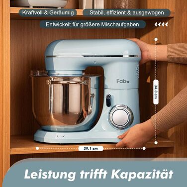 Кухонна машина Kitchen in the box Fab-Serie, потужний планетарний міксер 2000 Вт, чаша 8 л, 10 швидкостей, з вінчиком, гаком та мішалкою, синій