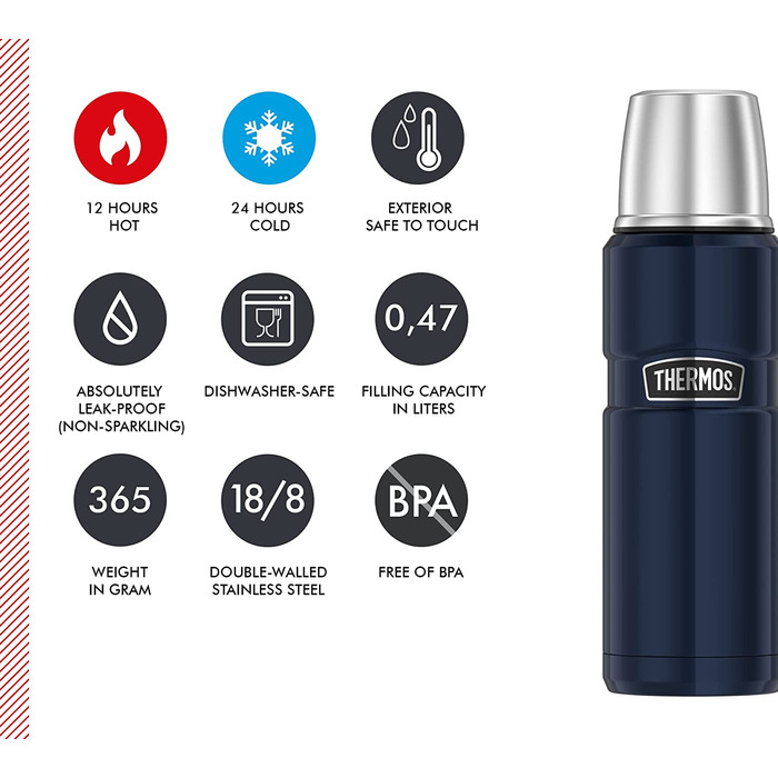 Термос із нержавіючої сталі 470 мл Thermos, синій, із чашкою, зберігає тепло 12 год, холод 24 год, герметичний, BPA-free, для напоїв, без ручки, можна мити в посудомийці