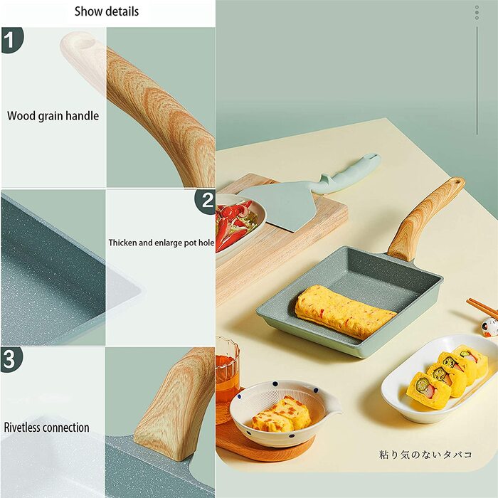 Японська сковорода для омлету Tamagoyaki MIHUNTER, квадратна антипригарна, 20x15 см, із силіконовим шпателем та пензлем, PFOA-вільна, для приготування яєць та омлетів