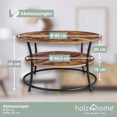 Журнальний стіл holz4home Lillie круглий, з полицею, індустріальний стиль, легка збірка, коричневий