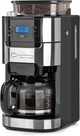 Кавомашина Barista Filterkaffeemaschine з регульованим млинком та скляною колбою | Функція підігріву, таймер 24 год та постійний фільтр | Для 10 чашок кави | Кавомашина для зерен та меленої кави [Нержавіюча сталь] 6) Нержавіюча сталь - скляна колба - з мл