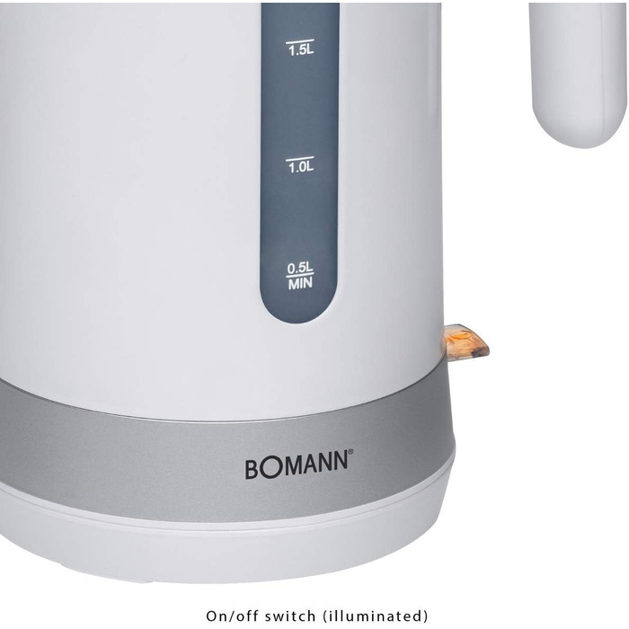Електричний чайник Bomann 1,8 л, нержавійка, бездротовий, захист від перегріву, авто/ручне вимкнення, білий, 2200 Вт, WK 5012
