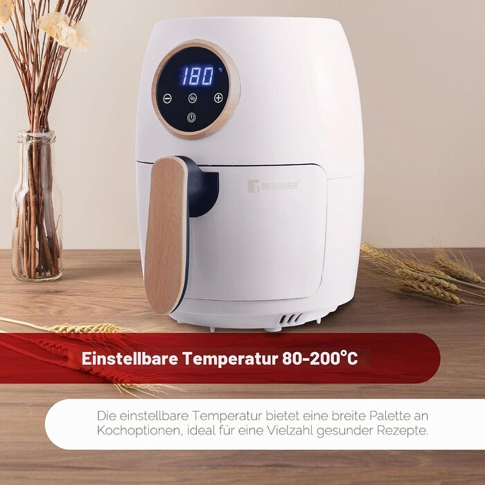 Аерофритюрниця Bergner Naturally AirFryer 2 л, 1000 Вт, антипригарне покриття, таймер, біла