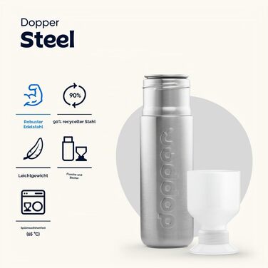 Сталева пляшка для води Dopper 450 мл, сіра — герметична спортивна фляга з нержавіючої сталі 18/8, без BPA, для спорту, офісу та активного відпочинку