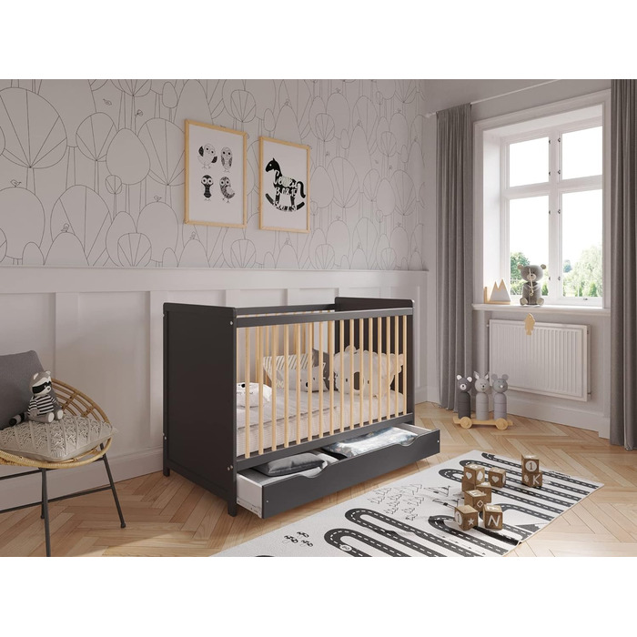 Дитяче ліжечко Love For Sleep з шухлядою та матрацом Aloe Vera 120x60 см, захисні бортики, біле/сосна