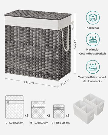 Кошик для білизни SONGMICS 130 л з кришкою, 2 секції, ручки, знімний мішок, плетений, сірий, 33x66x60 см, для спальні та ванної