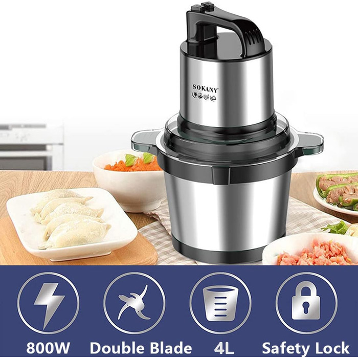 М'ясорубка-подрібнювач Sokany SK-7028 800W з чашею 4л, електричний подрібнювач для м'яса, овочів, фруктів з 2 швидкостями та 4 лезами