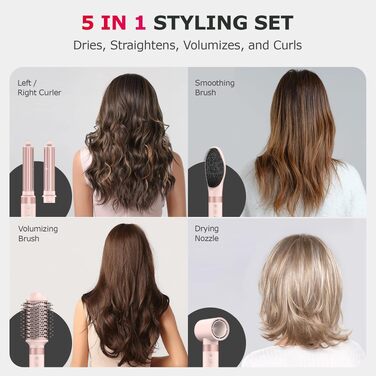 MESCOMB 5-в-1 Airstyler та Hairstyler: Фен-щітка з іонізацією, автоматичний завивач та щітка для об'єму - Швидке сушіння, укладка для локонів, об'єму та вирівнювання без пошкоджень. Легкий, рожевий.