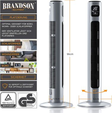 Вентилятор підлоговий Brandson Turm 96 см з пультом, 3 швидкості, 3 режими, таймер, сірий (Silverline) - мобільний, тихий, з осциляцією
