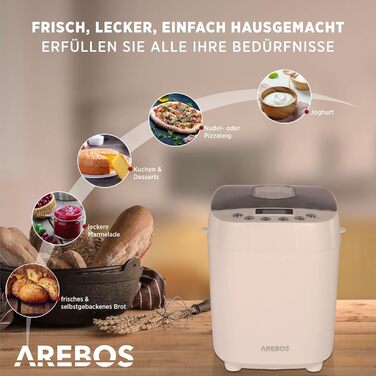 Хлібопечка Arebos 1500г з 15 програмами, таймером та LCD дисплеєм | 850 Вт | Білий