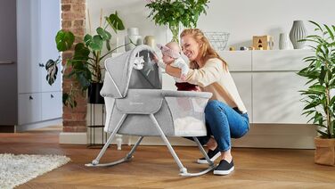Дитяче ліжко Kinderkraft lOVI 3 в 1: колиска, ліжко-гойдалка, манеж. Сіре, з аксесуарами (москітна сітка, сумка). Від народження до 9 кг