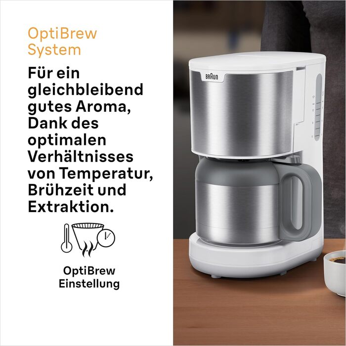 Кавоварка Braun PurShine KF 1500 WH фільтраційна, 10 чашок, скляний глечик, OptiBrew, авто вимкнення, 1000 Вт, біла
