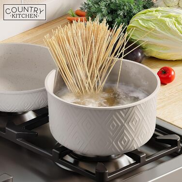 Набір посуду Country Kitchen (13 предметів): каструлі та сковороди з антипригарним покриттям, знімною ручкою, підходять для духовки та кемпінгу (Rhombus, кремовий)
