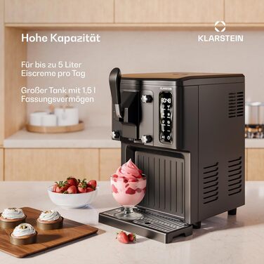 Морожениця Klarstein SweetSwirl 3-в-1: для морозива, молочних коктейлів та смузі, 1.5 л, сенсорний дисплей, режим підтримки температури, чорний колір