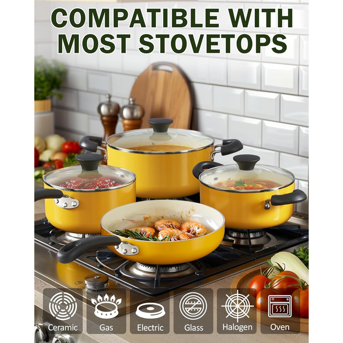 Набір кухонного посуду Cook N Home керамічний антипригарний 10 предметів, жовтий: каструлі, сковороди, каструля-казан з кришкою