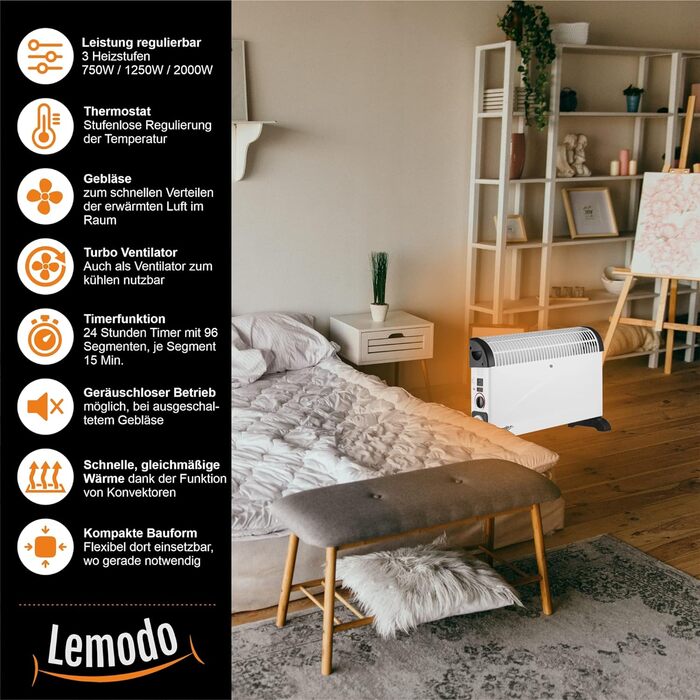 Електричний конвектор LEMODO 2000 Вт, мобільний, 3 режими, енергозберігаючий, з таймером і турбо, без газу та олії