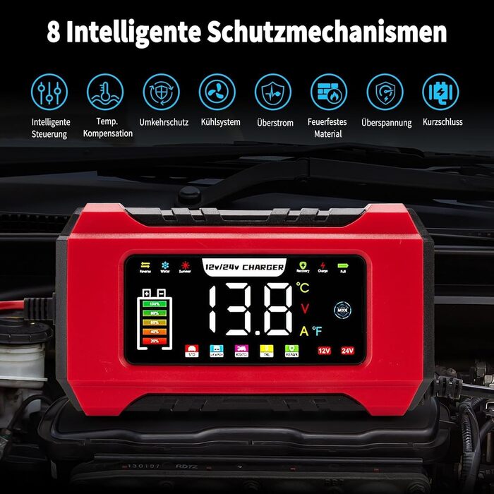 Зарядний пристрій для акумулятора HAUSPROFI 15A 12V/24V з функцією ремонту та підтримання заряду, 9-ступінчаста зарядка, LCD-дисплей для авто, вантажівки, мотоцикла, човна. Підходить для акумуляторів: свинцево-кислотних, AGM, EFB, LiFePO4