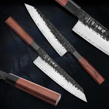 Професійний японський ніж Kiritsuke HEZHEN 21,5 см, кухонний ніж із 3-шарової дамаської сталі з восьмигранною ручкою з червоного дерева та дерев'яним чохлом