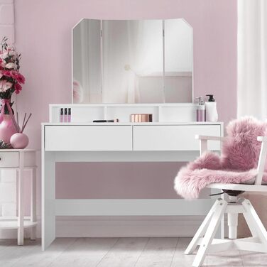 Білий туалетний столик ML-Design з трисекційним дзеркалом, 2 шухлядами та 3 відкритими полицями, 100x40x140 см, сучасний косметичний стіл