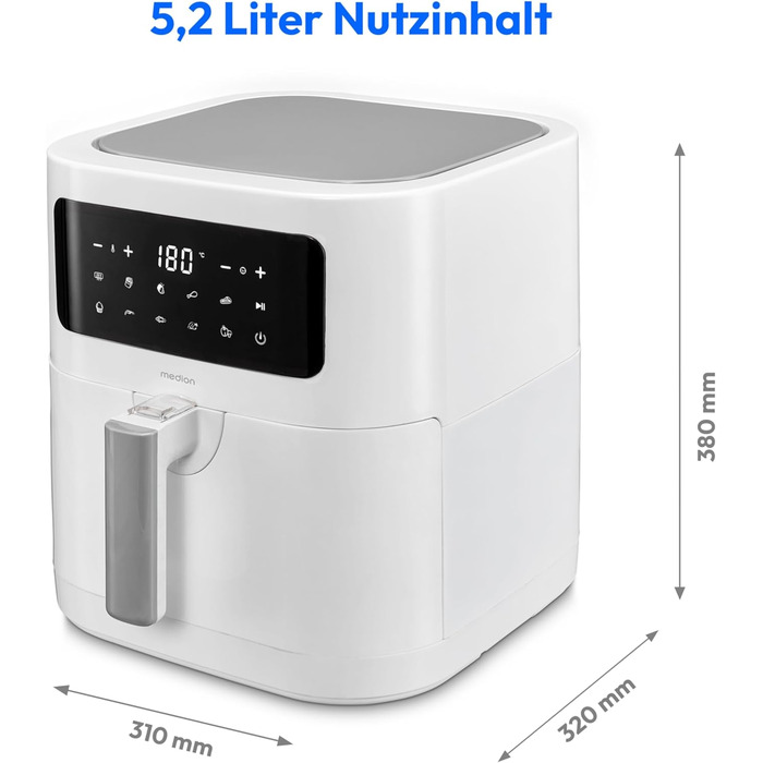 Аерофритюрниця MEDION E40 XL 5,2 л, 2150 Вт, 9 програм, сенсорне керування, LED-дисплей, біла, для смаження без олії