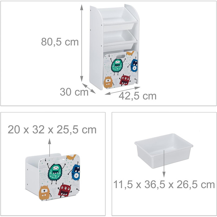 Дитячий стелаж Relaxdays з 3 коробками на роликах, монстр, білий, 80,5x42,5x30 см, іграшковий органайзер