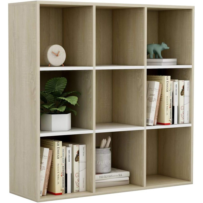 vidaXL книжкова шафа з 9 відділеннями, біла та дуб сонома, 98x29x97,5 см, стелаж для книг і документів, деревостружкова плита