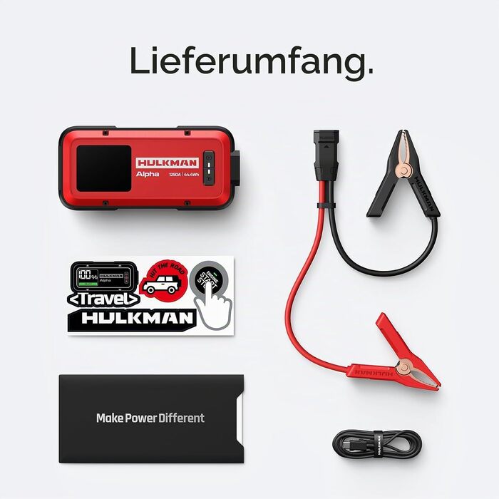 Бустерний пускач HULKMAN Alpha Ultra Red 1000A 37Wh для автомобіля 12V, портативний jump starter для бензинових (до 6.5L) та дизельних (до 3.0L) двигунів, IP65, LED-дисплей