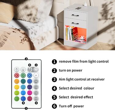 Комплект приліжкових тумб Lvhcmfohm з LED підсвіткою та розеткою, 2 шт, сучасний дизайн, 2 шухляди, для спальні чи вітальні, білий, 40x35x60 см