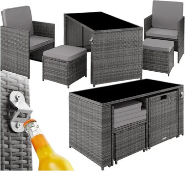 Поліротанговий комплект садових меблів tectake, 5 предметів: стіл, крісла та пуфи, для 4 осіб, з подушками, сірий, для саду та балкона