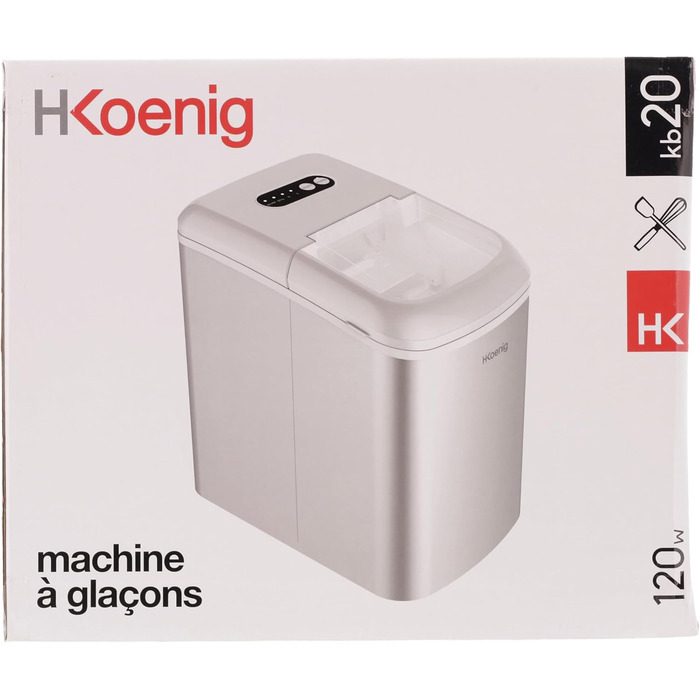 Льодогенератор H.Koenig KB20, 12 кг на добу, нержавіюча сталь, 2 розміри кубиків, 2,1 л, 120 Вт, індикатор рівня води, сріблястий