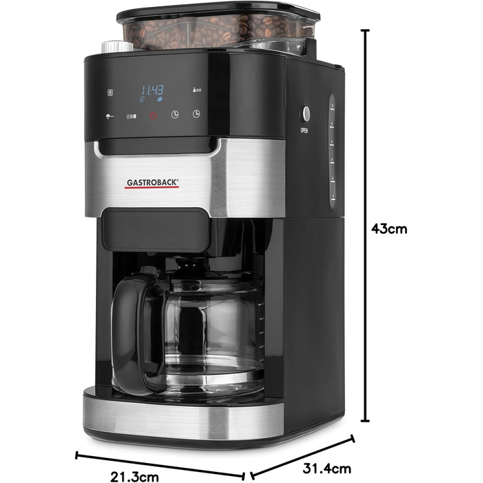 Кавоварка Gastroback 42711 Grind & Brew Pro з вбудованим конічним млинком, 8 ступенів помелу, фільтраційна, LCD-дисплей, пластик