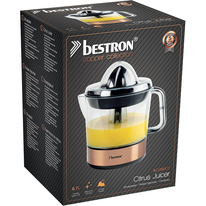Цитрусовий прес електричний Bestron Black & Wood, 0.7 л, мідний, 2 конуси, аромакришка, двосторонній рух