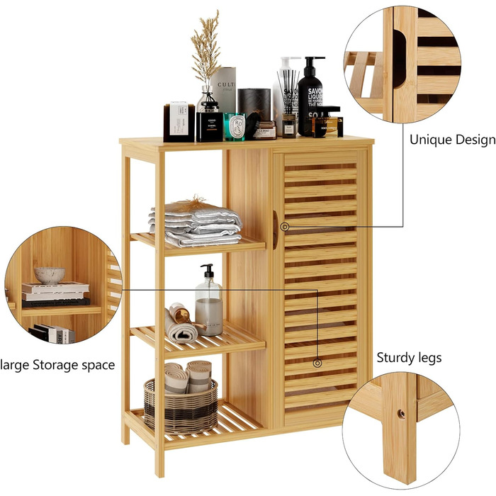 Шафа для ванної кімнати Sogesfurniture з бамбука, 66x33x87 см, з 4 полицями та жалюзі-дверцятами