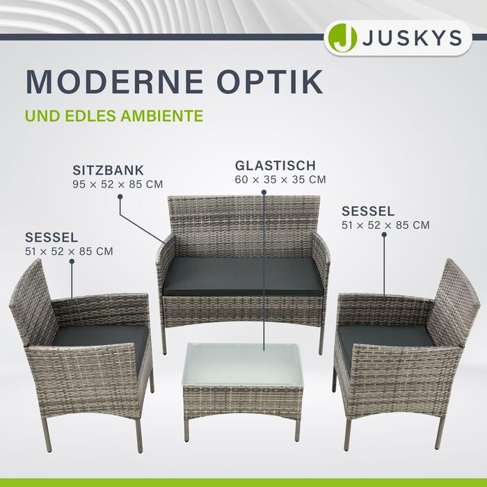 Набір садових меблів Juskys Polyrattan Fort Myers на 4 особи: диван, 2 крісла, стіл, подушки. Чорний/кремовий, вологостійкий, для балкона та саду